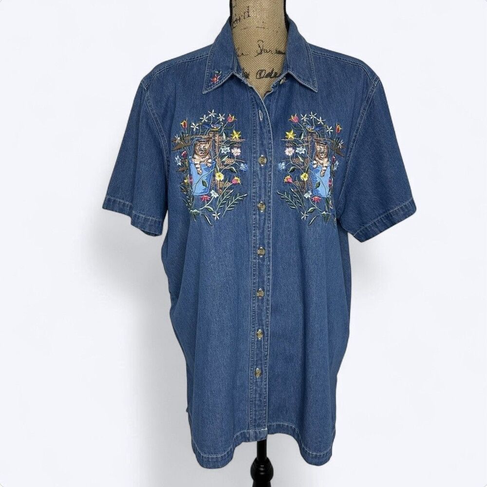 Vtg Bobbie Brooks Denim Top Sz 18/20W Embroidered‎ Cats Floral 90s Grandmacore